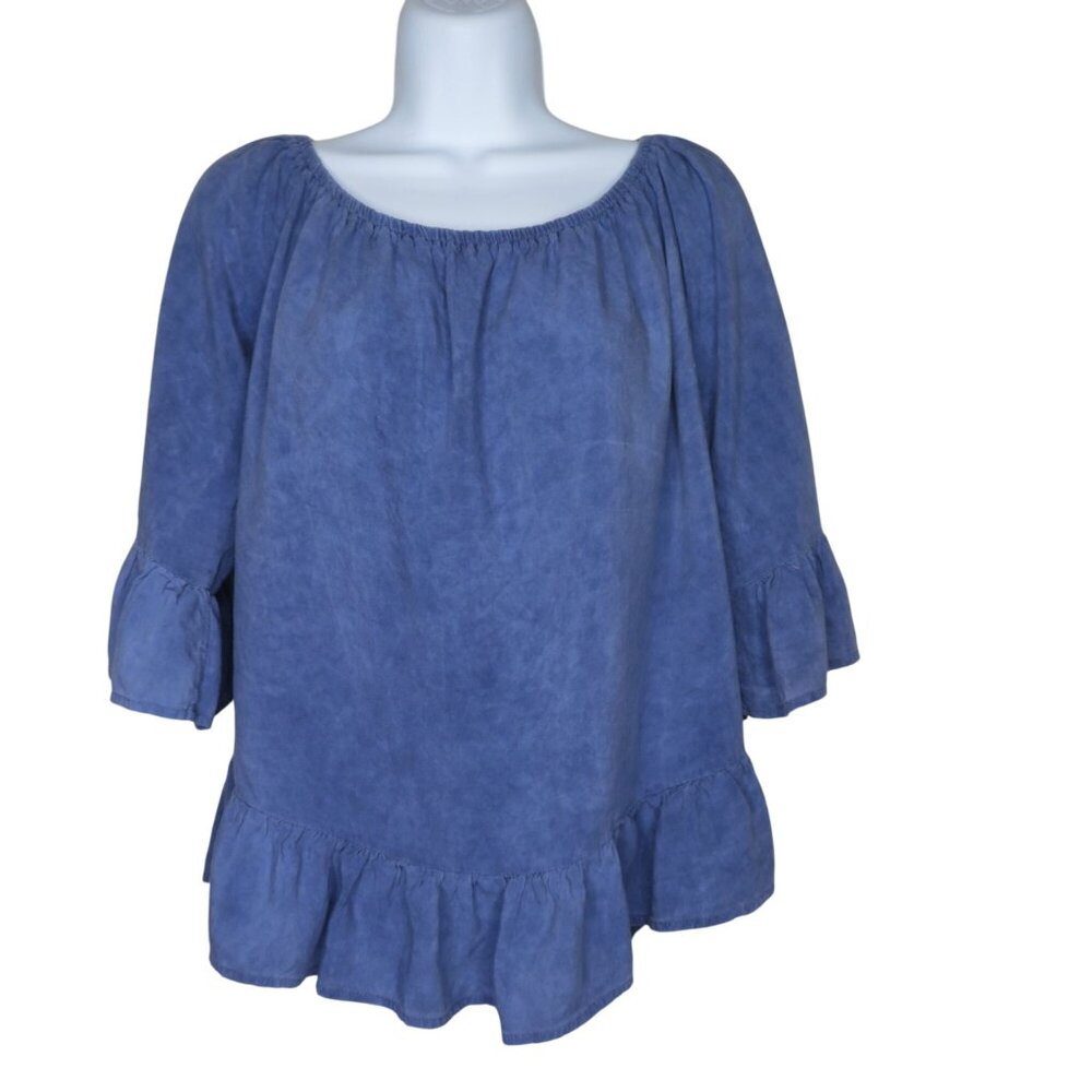 Vintage Toska Womens Blue Rayon Ruffle Hem Peasant Blouse Top Medium Made in USA